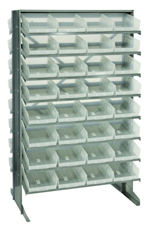 QPRD-107CL.jpg The Quantum Pick Rack is a slopped, double-sided metal storage solution with an 800 lbs. capacity and compact dimensions of 24L x 36W x 60H. It features (16) shelves and comes with (64) Qsb107 clear bins, ideal for efficiently organizing small items.
