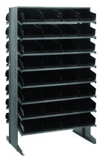 The Quantum Pick Rack is a freestanding metal shelving unit, double-sided with a sloped design, measuring 24L x 36W x 60H. It features a configuration of 16 shelves and includes 64 Qsb107 black bins, offering an impressive capacity of 800 lbs. for organizing small parts and items.