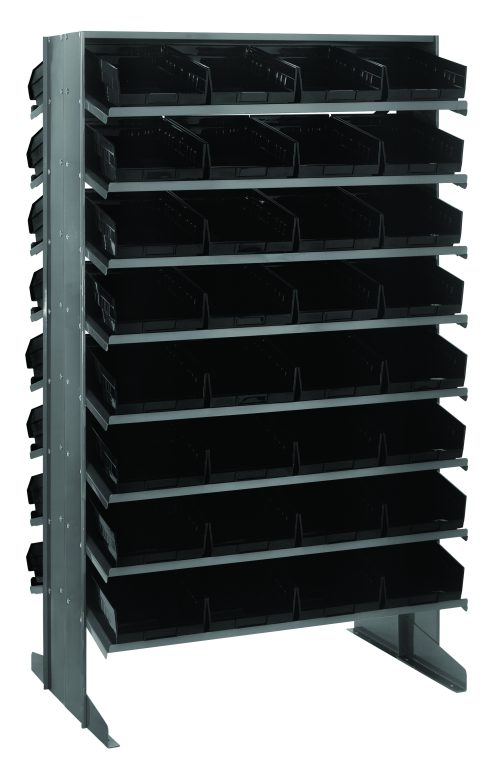 The Quantum Pick Rack is a freestanding metal shelving unit, double-sided with a sloped design, measuring 24L x 36W x 60H. It features a configuration of 16 shelves and includes 64 Qsb107 black bins, offering an impressive capacity of 800 lbs. for organizing small parts and items.