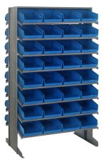 The Quantum Pick Rack is a double-sided metal rack measuring 24L x 36W x 60H with an 800 lbs. capacity, featuring 64 blue, sloped plastic storage bins in a six-column layout on 16 shelves for efficient organization of small parts or tools in workshops or storage areas.