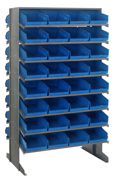 The Quantum Pick Rack is a double-sided metal rack measuring 24L x 36W x 60H with an 800 lbs. capacity, featuring 64 blue, sloped plastic storage bins in a six-column layout on 16 shelves for efficient organization of small parts or tools in workshops or storage areas.