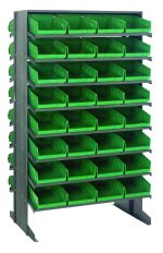 The Quantum Pick Rack is a freestanding, double-sided metal storage unit measuring 24L x 36W x 60H. It features 16 sloped shelves supporting up to 800 lbs and includes 64 green QSB107 bins for organizing small parts or tools, with efficient access from both sides thanks to its dark gray frame.