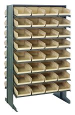 The Quantum Pick Rack features a slopped, double-sided design with 16 shelves and 64 ivory Qsb107 bins, perfect for organizing small parts or tools. Measuring 24L x 36W x 60H, it supports up to 800 lbs, providing a versatile configuration for efficient sorting.