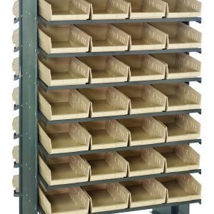 The Quantum Pick Rack features a slopped, double-sided design with 16 shelves and 64 ivory Qsb107 bins, perfect for organizing small parts or tools. Measuring 24L x 36W x 60H, it supports up to 800 lbs, providing a versatile configuration for efficient sorting.