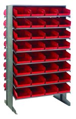 The Quantum Pick Rack is a sloped, double-sided shelving unit measuring 24L x 36W x 60H with a 16-shelf configuration. It includes 64 Qsb107 red bins organized in three columns of nine rows and has an impressive capacity of 800 lbs. The bins are open at the top for easy access.