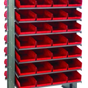 The Quantum Pick Rack is a sloped, double-sided shelving unit measuring 24L x 36W x 60H with a 16-shelf configuration. It includes 64 Qsb107 red bins organized in three columns of nine rows and has an impressive capacity of 800 lbs. The bins are open at the top for easy access.
