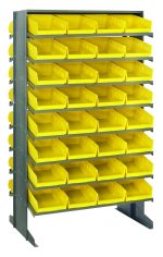 The Quantum Pick Rack, a double-sided, sloped storage rack measuring 24L x 36W x 60H, features an 800 lbs. capacity with (16) shelves and comes with (64) Qsb107 yellow bins for organizing small parts or tools.