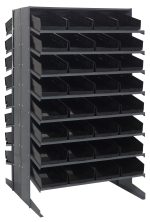 The Quantum Pick Rack, Slopped, Double Sided offers 16 shelves and includes 64 QSB108 black bins. Measuring 36L x 36W x 60H with an 800 lbs. capacity, it is ideal for organizing small items in workshops or warehouses.