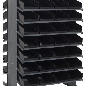 The Quantum Pick Rack, Slopped, Double Sided offers 16 shelves and includes 64 QSB108 black bins. Measuring 36L x 36W x 60H with an 800 lbs. capacity, it is ideal for organizing small items in workshops or warehouses.