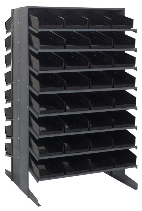 The Quantum Pick Rack, Slopped, Double Sided offers 16 shelves and includes 64 QSB108 black bins. Measuring 36L x 36W x 60H with an 800 lbs. capacity, it is ideal for organizing small items in workshops or warehouses.
