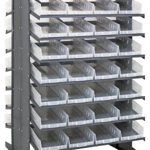 The Quantum Pick Rack is double-sided, measures 36L x 36W x 60H, and includes (16) shelves with an 800 lbs. capacity for versatile organization. This sturdy rack holds (64) Qsb108 clear bins and is perfect for displaying them in a sloped arrangement to reveal the left side.