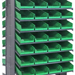 The Quantum Pick Rack, measuring 36L x 36W x 60H, features a double-sided design with sloped shelves and includes 64 green Qsb108 bins. It supports up to 800 lbs, providing efficient tool or part organization with easy access on its grid-like storage system.