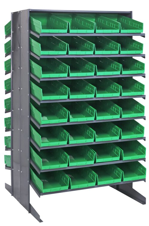 The Quantum Pick Rack, measuring 36L x 36W x 60H, features a double-sided design with sloped shelves and includes 64 green Qsb108 bins. It supports up to 800 lbs, providing efficient tool or part organization with easy access on its grid-like storage system.