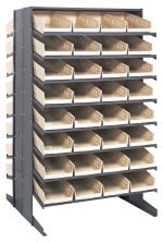 The Quantum Pick Rack, sloped and double-sided, measures 36L x 36W x 60H with an 800 lbs. capacity. It features (16) shelves supported by four vertical columns and includes (64) QSB108 ivory bins for small parts or tools organization.