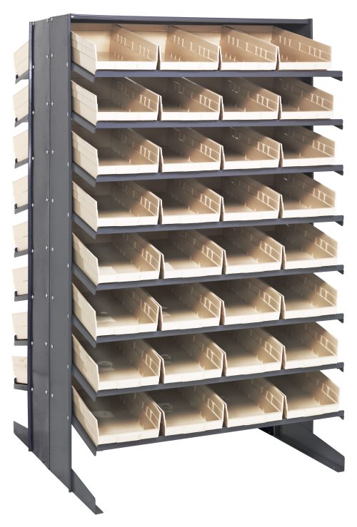 The Quantum Pick Rack, sloped and double-sided, measures 36L x 36W x 60H with an 800 lbs. capacity. It features (16) shelves supported by four vertical columns and includes (64) QSB108 ivory bins for small parts or tools organization.