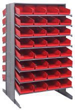 The Quantum Pick Rack, a double-sided storage solution measuring 36L x 36W x 60H and supporting up to 800 lbs, features a 16-shelf configuration with sloped design. It includes 64 front-accessible QSB108 red bins for efficient organization of small parts or tools.