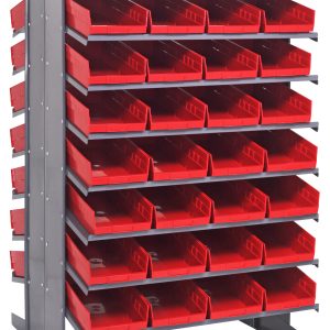 The Quantum Pick Rack, a double-sided storage solution measuring 36L x 36W x 60H and supporting up to 800 lbs, features a 16-shelf configuration with sloped design. It includes 64 front-accessible QSB108 red bins for efficient organization of small parts or tools.