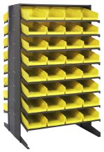 The Quantum Pick Rack is a double-sided, free-standing shelving unit with a metallic frame, offering an 800 lbs. capacity. It has 16 unique shelves and includes 64 Qsb108 yellow bins for easy access and visibility to contents on both sides, measuring 36L x 36W x 60H.