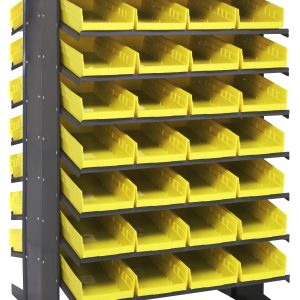 The Quantum Pick Rack is a double-sided, free-standing shelving unit with a metallic frame, offering an 800 lbs. capacity. It has 16 unique shelves and includes 64 Qsb108 yellow bins for easy access and visibility to contents on both sides, measuring 36L x 36W x 60H.