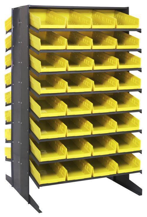 The Quantum Pick Rack is a double-sided, free-standing shelving unit with a metallic frame, offering an 800 lbs. capacity. It has 16 unique shelves and includes 64 Qsb108 yellow bins for easy access and visibility to contents on both sides, measuring 36L x 36W x 60H.