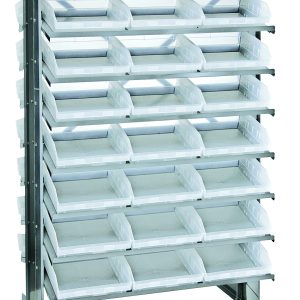The Quantum Pick Rack is a double-sided industrial shelving unit measuring 24L x 36W x 60H with a (16) shelves configuration, featuring (48) Qsb109 clear bins for efficient storage and organization. It has an 800 lbs. capacity and a durable metal frame, perfect for neat arrangement.