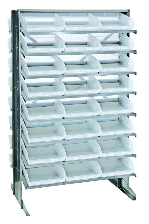 The Quantum Pick Rack is a double-sided industrial shelving unit measuring 24L x 36W x 60H with a (16) shelves configuration, featuring (48) Qsb109 clear bins for efficient storage and organization. It has an 800 lbs. capacity and a durable metal frame, perfect for neat arrangement.