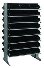 The Quantum Pick Rack is a sloped, double-sided metal rack measuring 24L x 36W x 60H with a capacity of 800 lbs. It features 16 shelves and includes 48 QSB109 black bins, ideal for storing and organizing items in industrial or warehouse environments.