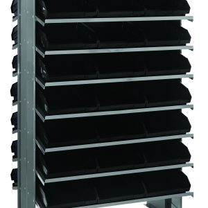 The Quantum Pick Rack is a sloped, double-sided metal rack measuring 24L x 36W x 60H with a capacity of 800 lbs. It features 16 shelves and includes 48 QSB109 black bins, ideal for storing and organizing items in industrial or warehouse environments.