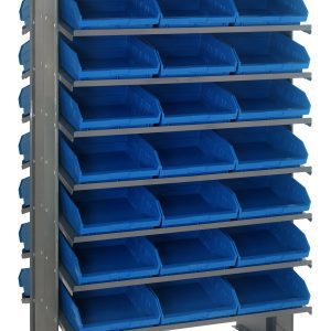 The Quantum Pick Rack features a 24L x 36W x 60H frame with a sloped, double-sided design. It has an 800 lbs capacity and houses 16 shelves with 48 Qsb109 blue bins for organizing small parts or hardware. The free-standing unit ensures effortless access to open-top bins.