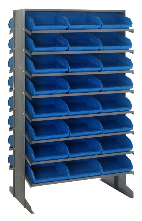 The Quantum Pick Rack features a 24L x 36W x 60H frame with a sloped, double-sided design. It has an 800 lbs capacity and houses 16 shelves with 48 Qsb109 blue bins for organizing small parts or hardware. The free-standing unit ensures effortless access to open-top bins.
