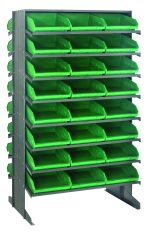 The Quantum Pick Rack is a double-sided, sloped shelving unit measuring 24L x 36W x 60H with an 800 lbs. capacity. It features (16) shelves and includes (48) Qsb109 bright green bins, ideal for organizing small items in a staggered arrangement.