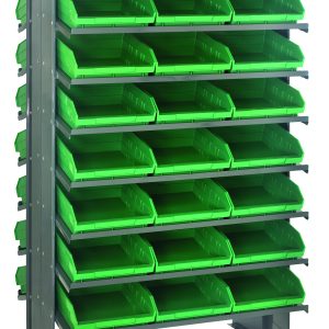 The Quantum Pick Rack is a double-sided, sloped shelving unit measuring 24L x 36W x 60H with an 800 lbs. capacity. It features (16) shelves and includes (48) Qsb109 bright green bins, ideal for organizing small items in a staggered arrangement.