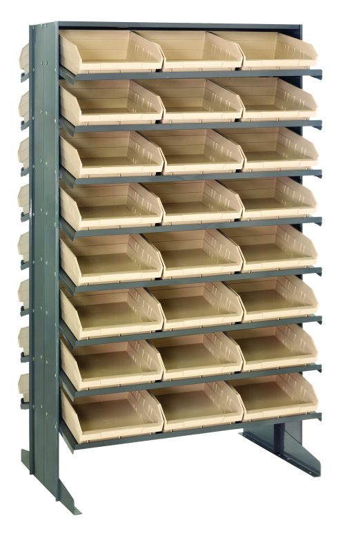 The Quantum Pick Rack features a sturdy metal design measuring 24L x 36W x 60H. With a total capacity of 800 lbs., it includes 16 shelves and comes with 48 ivory Qsb109 bins, arranged sloped and double-sided for easy front access to small items.