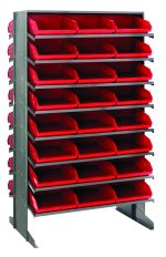 The Quantum Pick Rack features a slopped, double-sided design with 16 shelves and includes 48 QSB109 red bins for easy access. It measures 24L x 36W x 60H and offers an organized storage solution with a capacity of up to 800 lbs.
