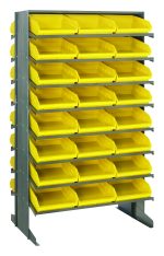 The Quantum Pick Rack, a double-sided unit measuring 24L x 36W x 60H with a capacity of 800 lbs, includes a 16-shelf configuration and comes with 48 Qsb109 yellow bins. The sloped design allows for easy access and vibrant contrast, making it ideal for storage and organization.