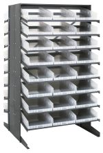 The Quantum Pick Rack is a double-sided, freestanding structure measuring 36L x 36W x 60H with a capacity of 800 lbs. It features a sloped design and includes 48 QSB110 clear bins on 16 shelves, perfect for organizing small items.