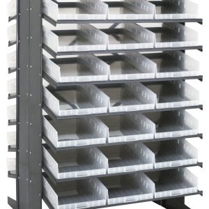 The Quantum Pick Rack is a double-sided, freestanding structure measuring 36L x 36W x 60H with a capacity of 800 lbs. It features a sloped design and includes 48 QSB110 clear bins on 16 shelves, perfect for organizing small items.
