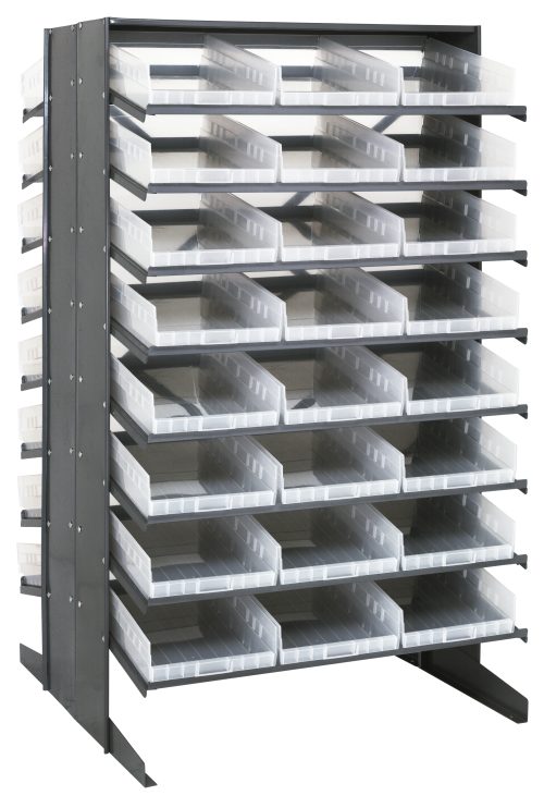QPRS 18-110 clear bottom 2 The Quantum Pick Rack is a double-sided, freestanding structure measuring 36L x 36W x 60H with a capacity of 800 lbs. It features a sloped design and includes 48 QSB110 clear bins on 16 shelves, perfect for organizing small items.