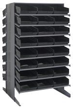 The Quantum Pick Rack features a double-sided, sloped design with 16 shelves, holding 48 black QSB110 bins for organizing small parts. Measuring 36L x 36W x 60H and boasting an 800 lbs capacity, its dark gray finish and sturdy frame add elegance and stability to any workspace.