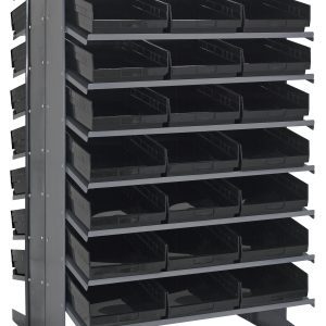 The Quantum Pick Rack features a double-sided, sloped design with 16 shelves, holding 48 black QSB110 bins for organizing small parts. Measuring 36L x 36W x 60H and boasting an 800 lbs capacity, its dark gray finish and sturdy frame add elegance and stability to any workspace.