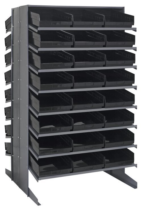 The Quantum Pick Rack features a double-sided, sloped design with 16 shelves, holding 48 black QSB110 bins for organizing small parts. Measuring 36L x 36W x 60H and boasting an 800 lbs capacity, its dark gray finish and sturdy frame add elegance and stability to any workspace.