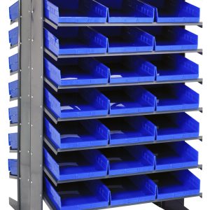 The Quantum Pick Rack is a double-sided, sloped shelving unit with 16 shelves designed to organize small parts with 48 QSB110 blue bins. It measures 36L x 36W x 60H, supports up to 800 lbs., and exudes an industrial appearance.