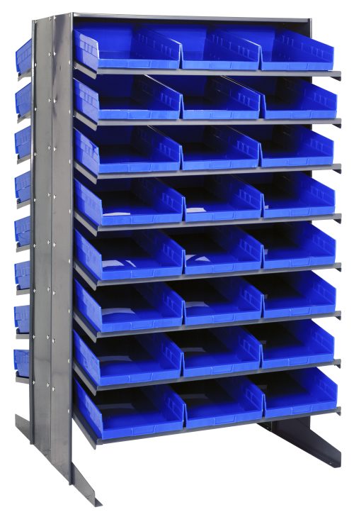 QPRS 18-QED610 blue The Quantum Pick Rack is a double-sided, sloped shelving unit with 16 shelves designed to organize small parts with 48 QSB110 blue bins. It measures 36L x 36W x 60H, supports up to 800 lbs., and exudes an industrial appearance.