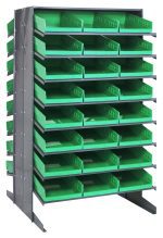 The Quantum Pick Rack is a double-sided, slopped design storage solution with an 800 lbs. capacity, measuring 36L x 36W x 60H. It includes 16 shelves and comes with 48 Qsb110 green bins for efficient organization.