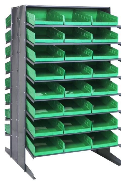 The Quantum Pick Rack is a double-sided, slopped design storage solution with an 800 lbs. capacity, measuring 36L x 36W x 60H. It includes 16 shelves and comes with 48 Qsb110 green bins for efficient organization.