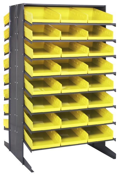 QPRS 18 back Yelloiw The large Quantum Pick Rack is a black metal, double-sided shelving unit with 16 shelves across 8 rows. Each row includes 4 open-topped, sloped Qsb110 bright yellow bins for easy access, and the entire rack measures 36L x 36W x 60H with an 800 lbs capacity.