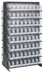The Quantum Pick Rack is a large, double-sided, slopped unit measuring 24L x 36W x 63-1/2H. It has a capacity of 800 lbs and includes 16 tiered shelves filled with 128 clear Qsb201 bins. These front-open bins are perfect for organizing small items and give the unit a sturdy, industrial look.
