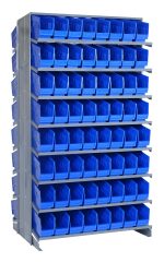 The Quantum Pick Rack is a sloped, double-sided shelving unit measuring 24L x 36W x 63-1/2H, with an 800 lbs. capacity and a configuration of 16 shelves. It includes 128 QSB201 blue bins, ideal for organizing small parts or tools efficiently.