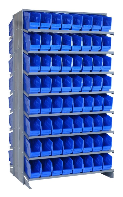 The Quantum Pick Rack is a sloped, double-sided shelving unit measuring 24L x 36W x 63-1/2H, with an 800 lbs. capacity and a configuration of 16 shelves. It includes 128 QSB201 blue bins, ideal for organizing small parts or tools efficiently.