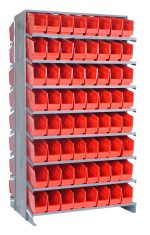 The Quantum Pick Rack is a double-sided, sloped metal storage unit measuring 24L x 36W x 63-1/2H with an 800 lb capacity. Featuring 16 shelves and equipped with 128 QSB201 red bins, it offers efficient organization of small parts or tools for easy access.